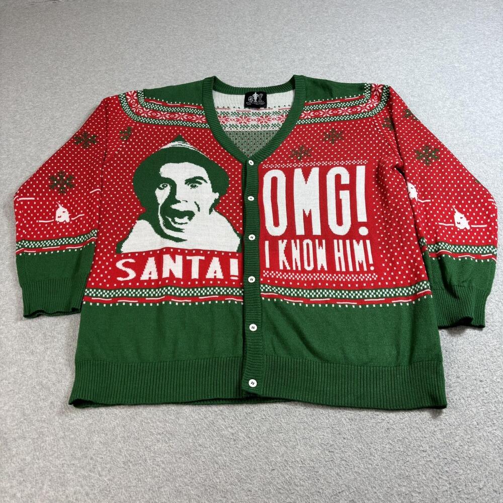 Elf Sweater Mens 2XL Green Cardigan Ugly Christmas Buddy The Elf OMG I Know Him